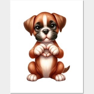 Valentine Boxer Dog Giving Heart Hand Sign Posters and Art